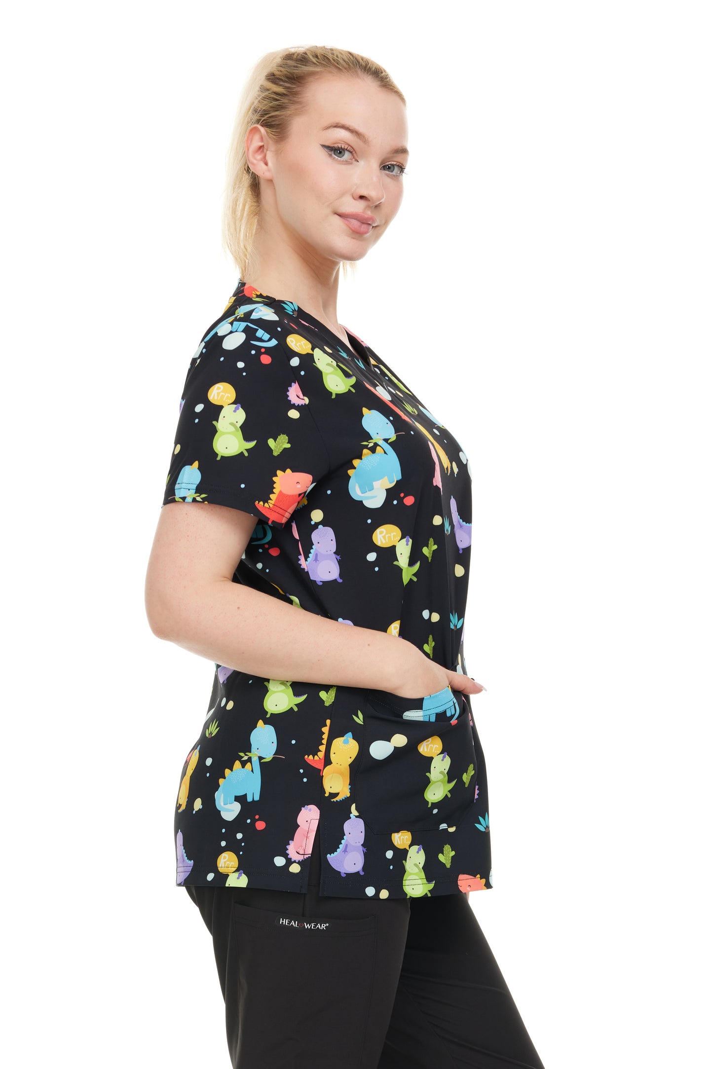 Womens Scrub Top V-Neck Dino Print - DDPT029