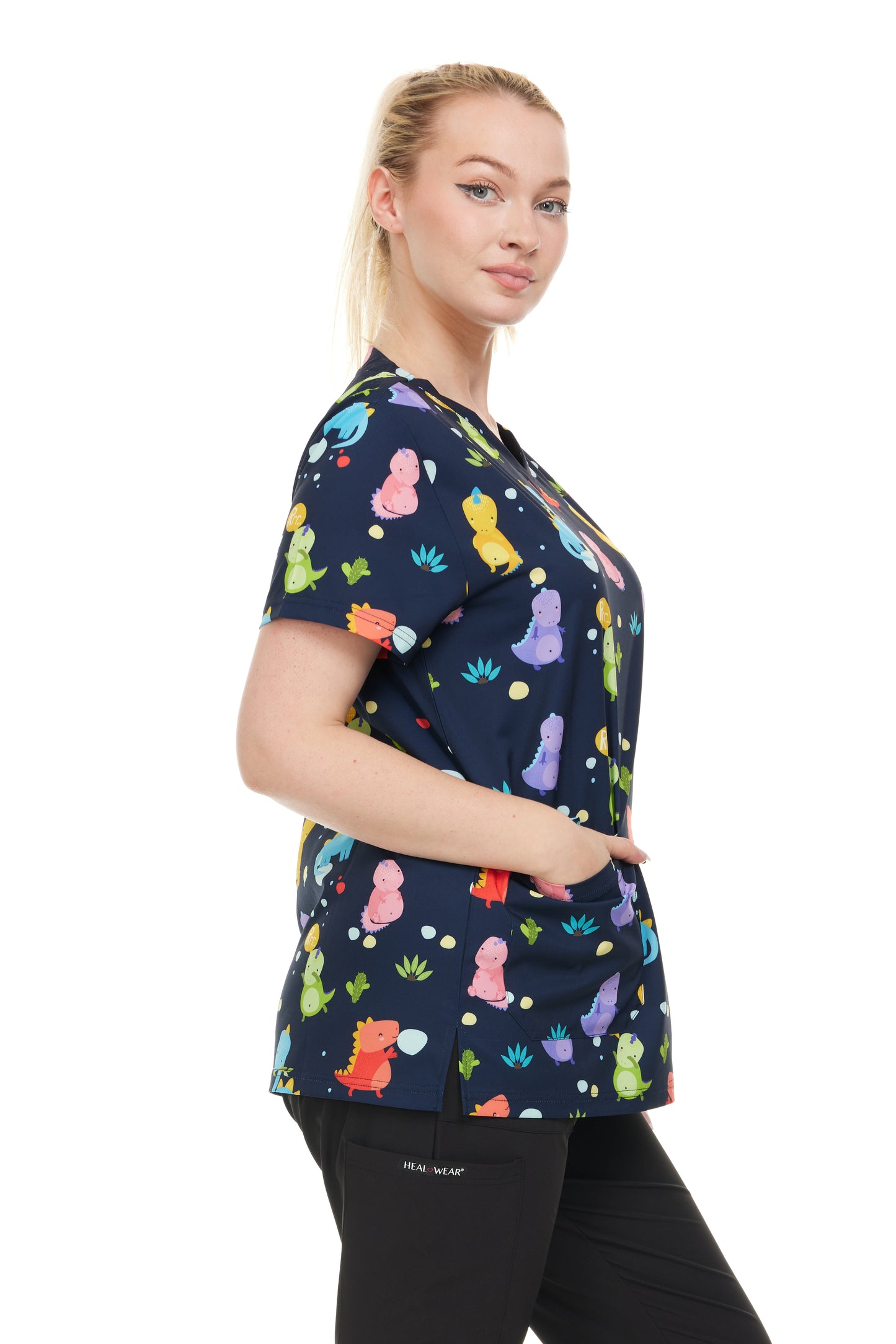 Womens Scrub Top V-Neck Dino Print - DDPT029