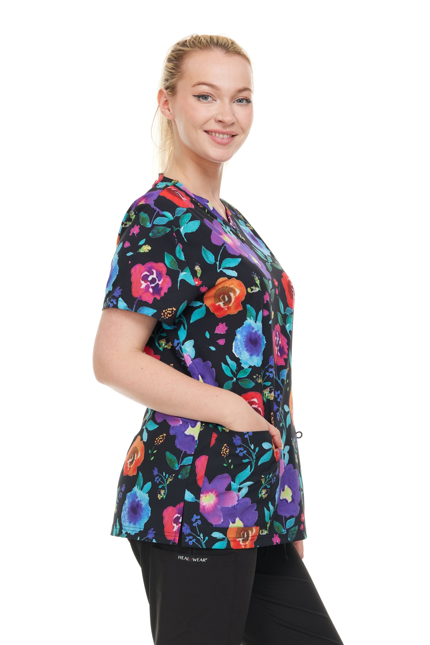 Womens Scrub Top V-Neck Floral Print - DDPT043