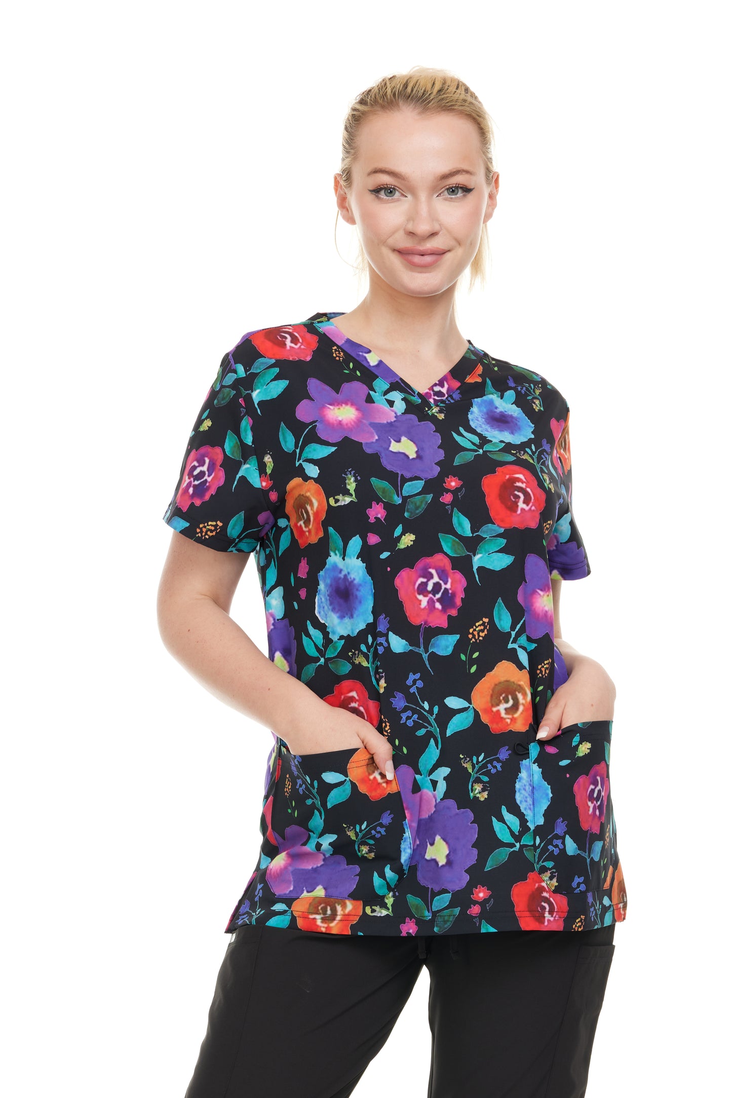 Womens Scrub Top V-Neck Floral Print - DDPT043