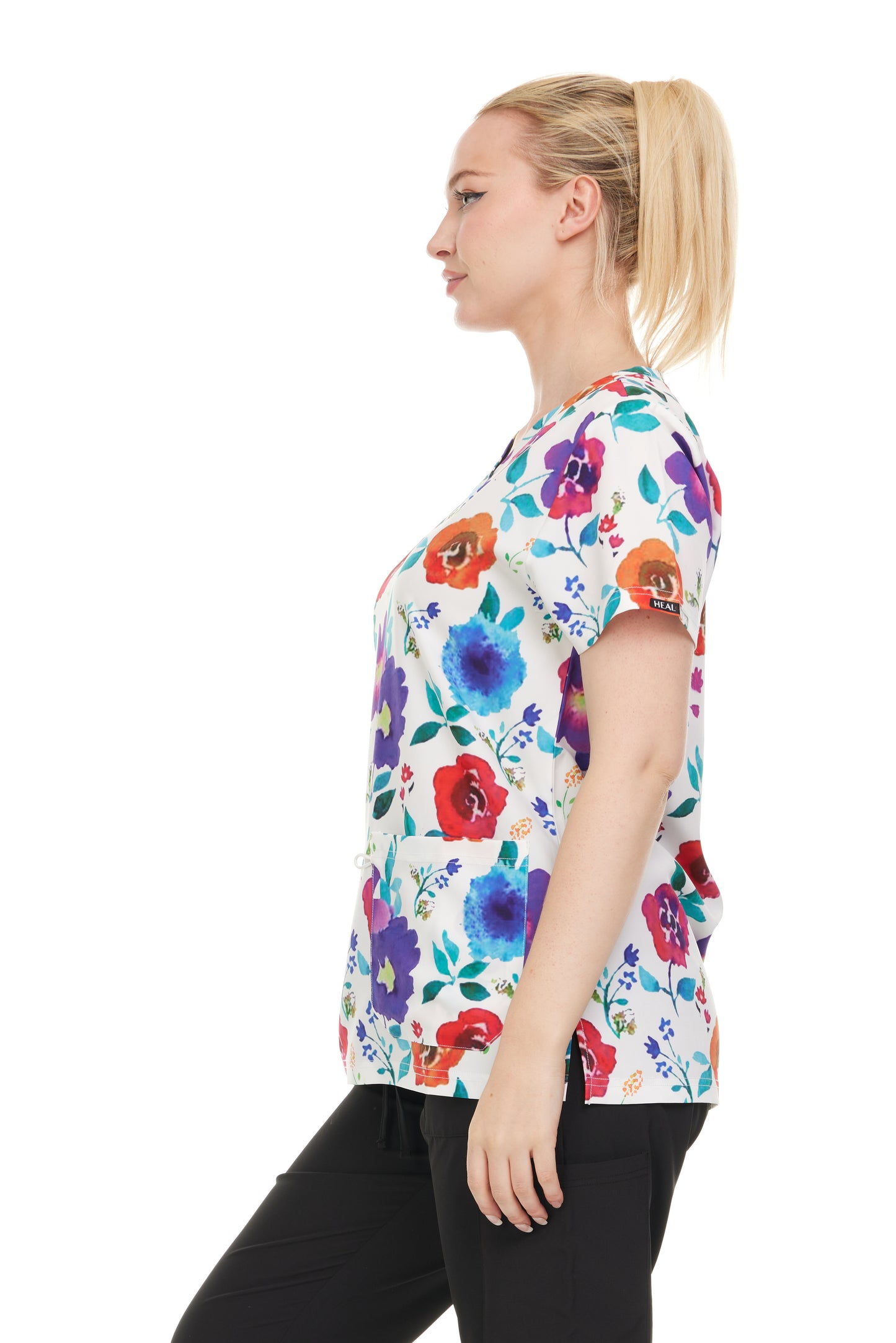Womens Scrub Top V-Neck Floral Print - DDPT043