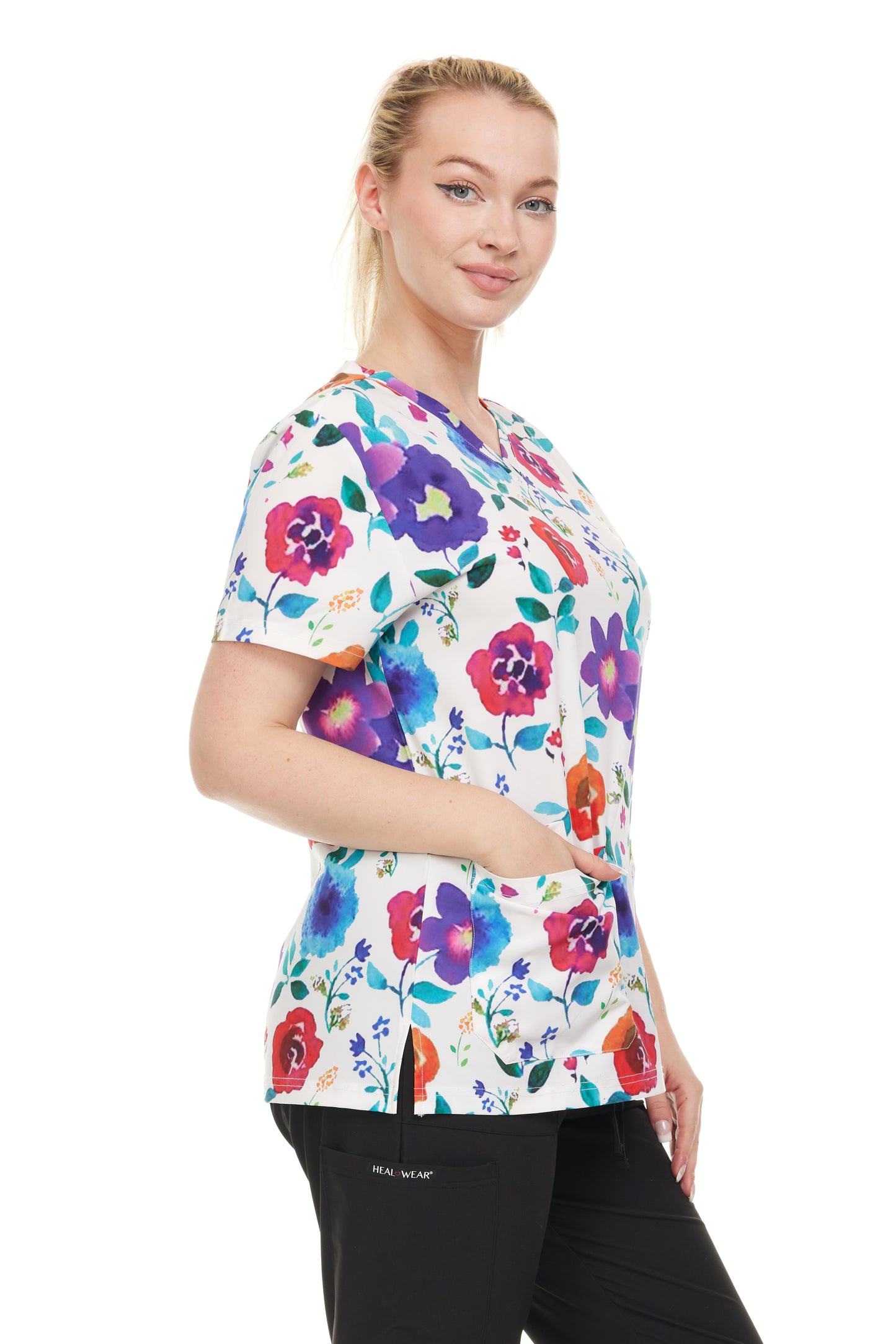 Womens Scrub Top V-Neck Floral Print - DDPT043
