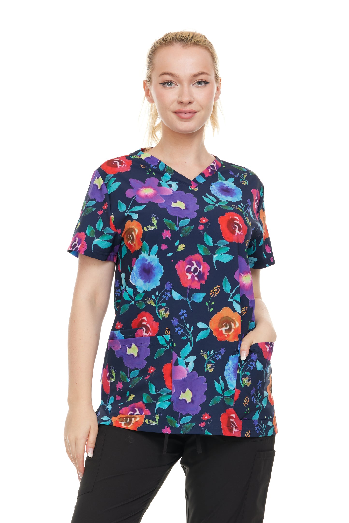 Womens Scrub Top V-Neck Floral Print - DDPT043