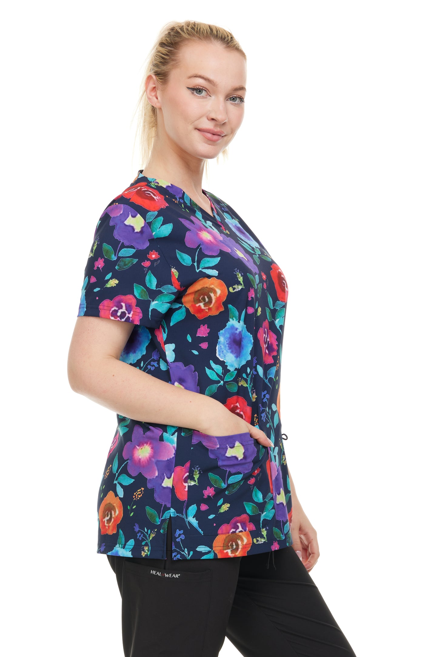 Womens Scrub Top V-Neck Floral Print - DDPT043