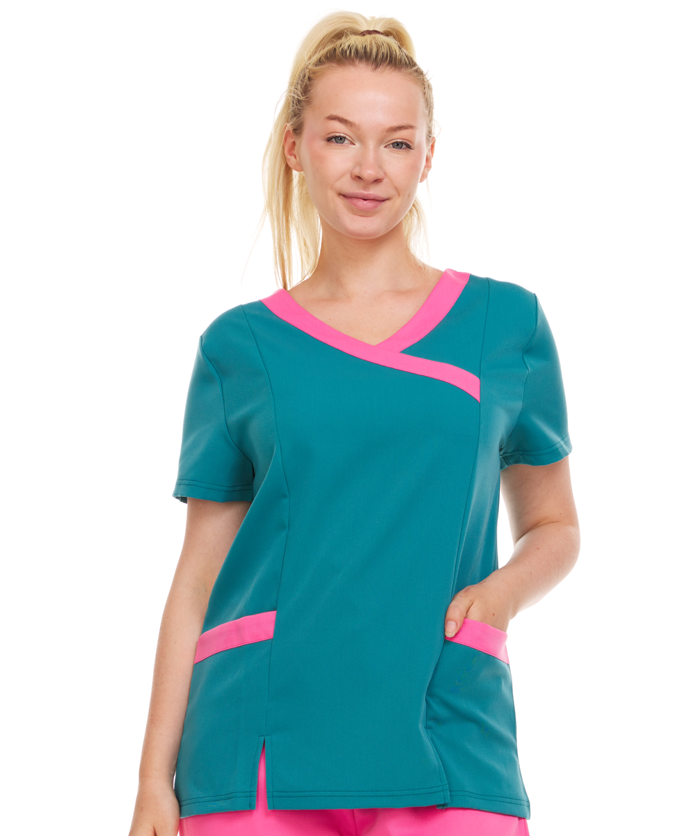 Contrast Mock Wrap Fashion Scrub Top -ET2004