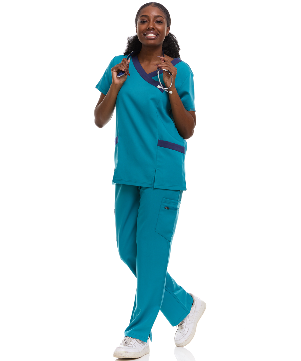 Contrast Mock Wrap Fashion Scrub Top -ET2004