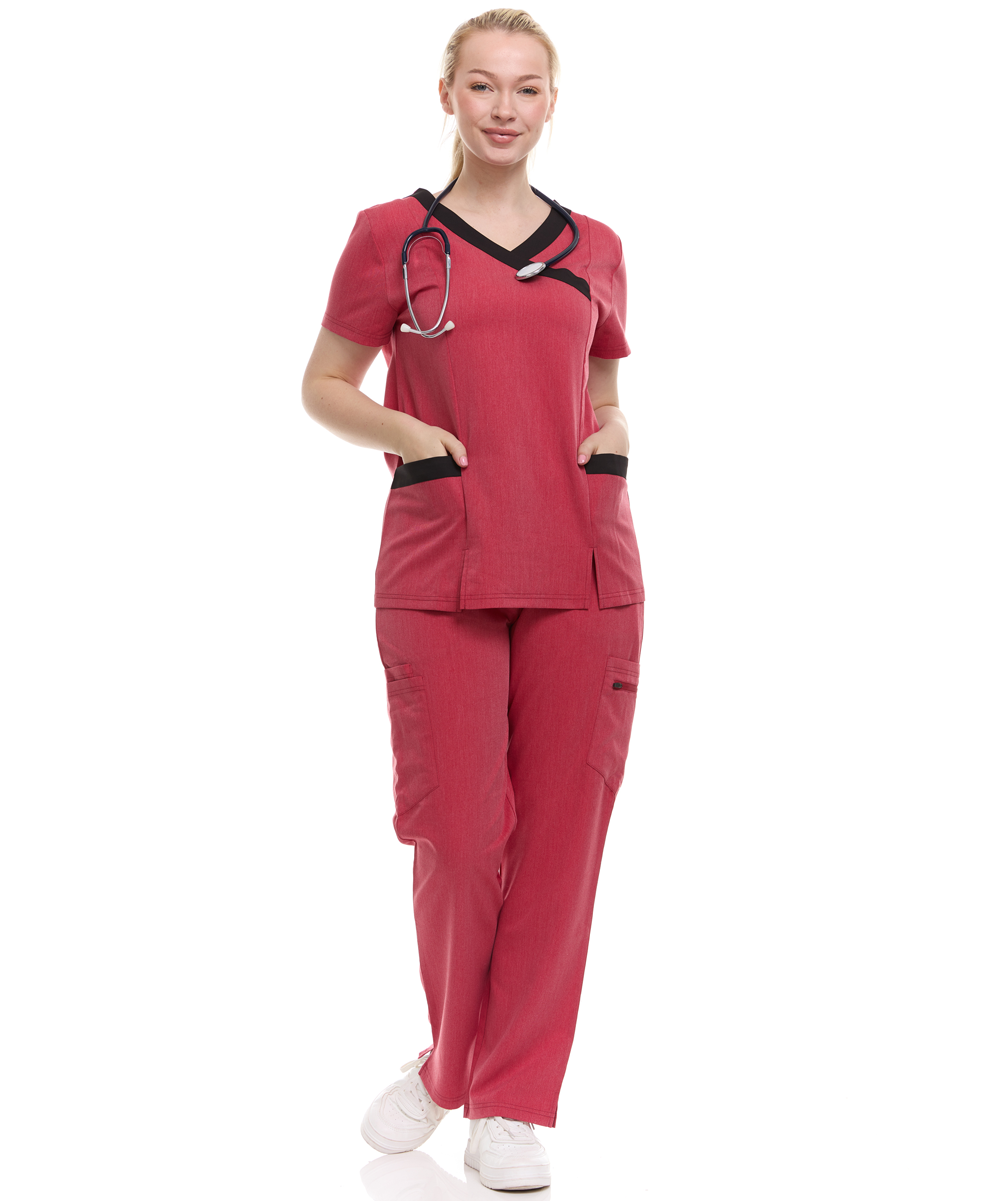 Contrast Mock Wrap Fashion Scrub Top -ET2004
