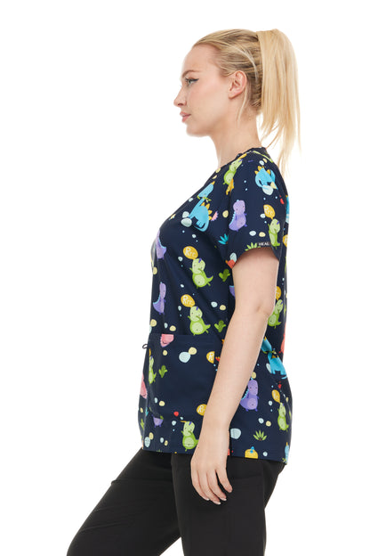 Womens Scrub Top V-Neck Dino Print - DDPT029