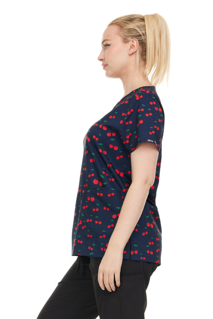 Womens Scrub Top V-Neck Cherry Print -DDPT033