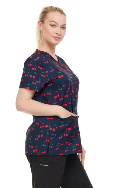 Womens Scrub Top V-Neck Cherry Print -DDPT033