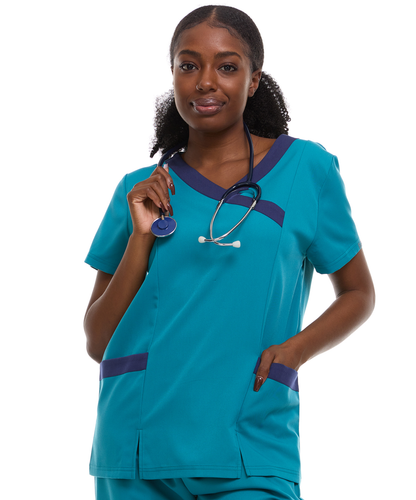 Contrast Mock Wrap Fashion Scrub Top -ET2004