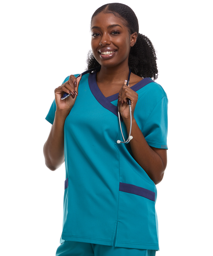 Contrast Mock Wrap Fashion Scrub Top -ET2004