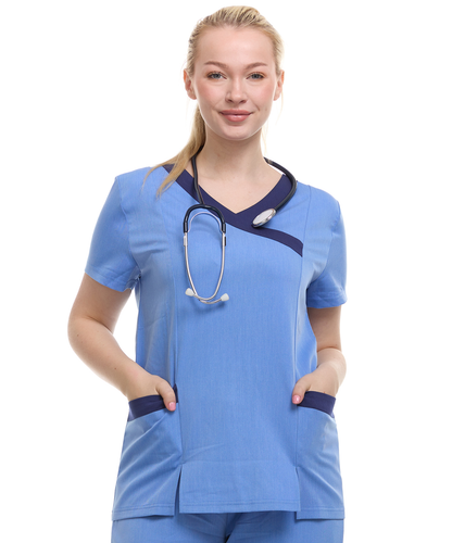 Contrast Mock Wrap Fashion Scrub Top -ET2004