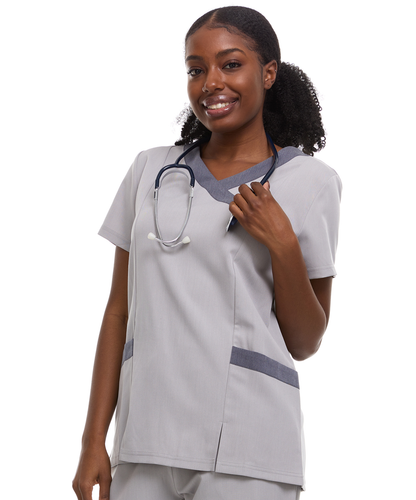 Contrast Mock Wrap Fashion Scrub Top -ET2004