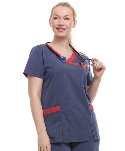 Contrast Mock Wrap Fashion Scrub Top -ET2004