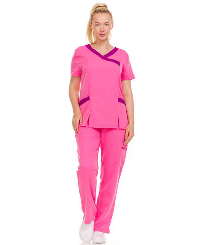 Contrast Mock Wrap Fashion Scrub Top -ET2004