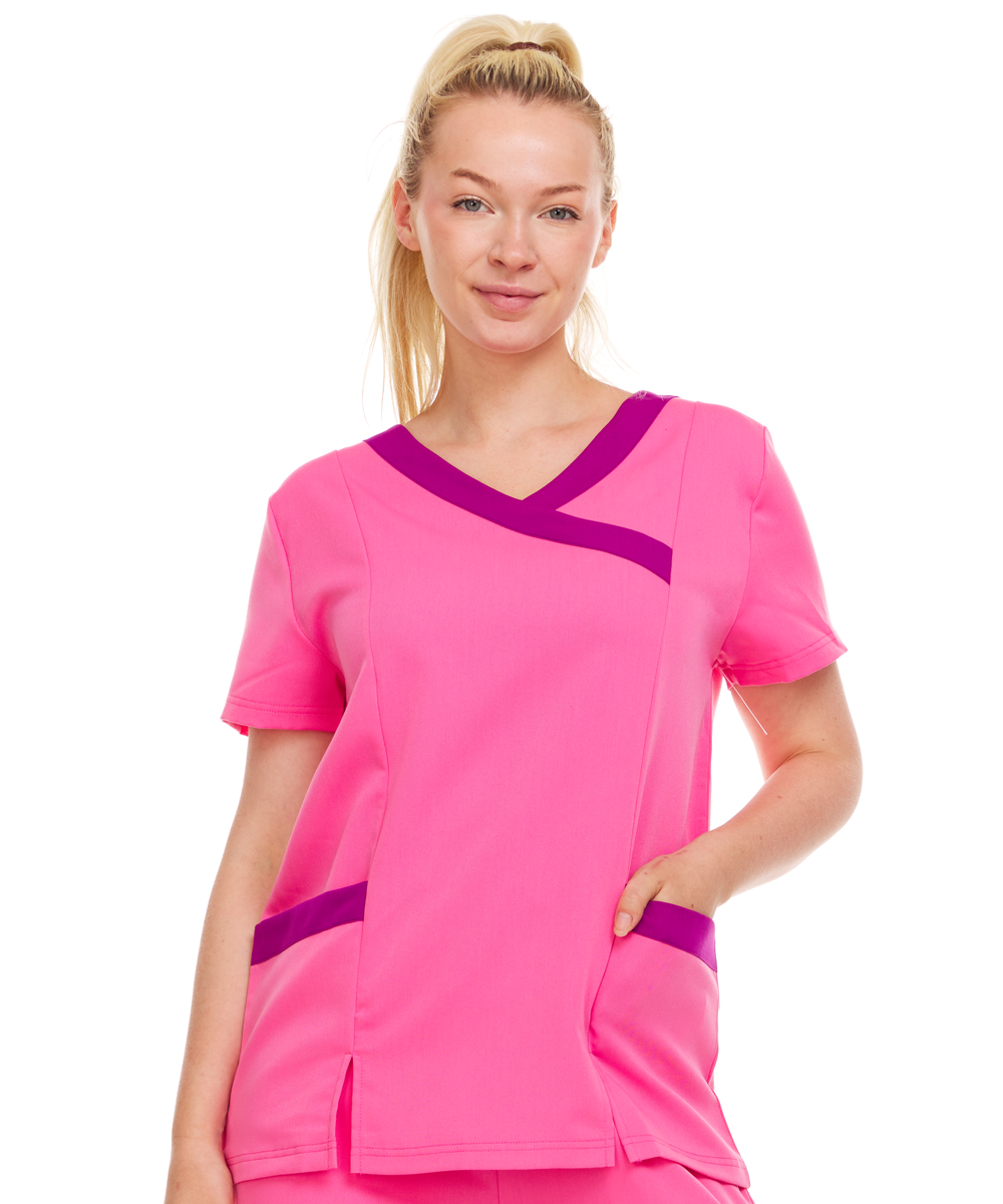 Contrast Mock Wrap Fashion Scrub Top -ET2004