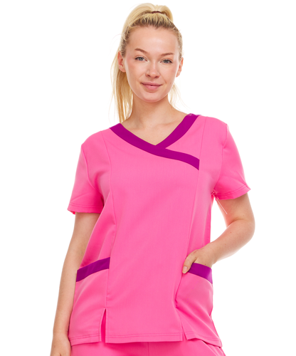 Contrast Mock Wrap Fashion Scrub Top -ET2004