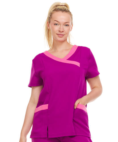 Contrast Mock Wrap Fashion Scrub Top -ET2004