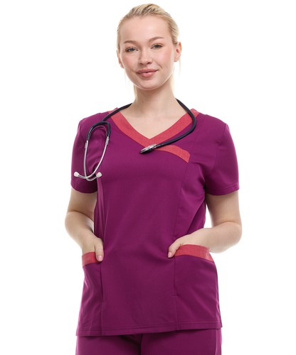 Contrast Mock Wrap Fashion Scrub Top -ET2004