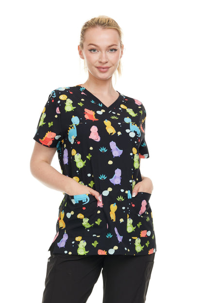 Womens Scrub Top V-Neck Dino Print - DDPT029