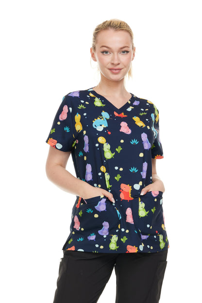 Womens Scrub Top V-Neck Dino Print - DDPT029