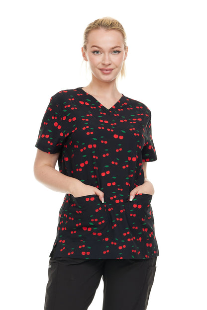 Womens Scrub Top V-Neck Cherry Print -DDPT033