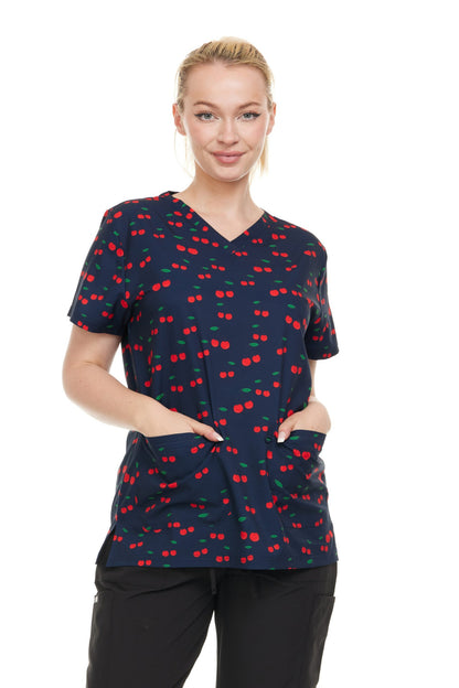 Womens Scrub Top V-Neck Cherry Print -DDPT033